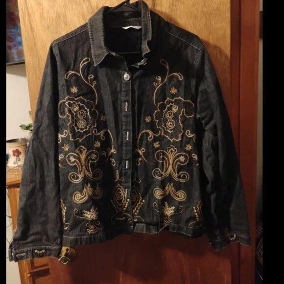 Laura Ashley Denim Embroidered Beaded Button Up Women's Large Jacket 20"W x 24"L - Picture 1 of 7